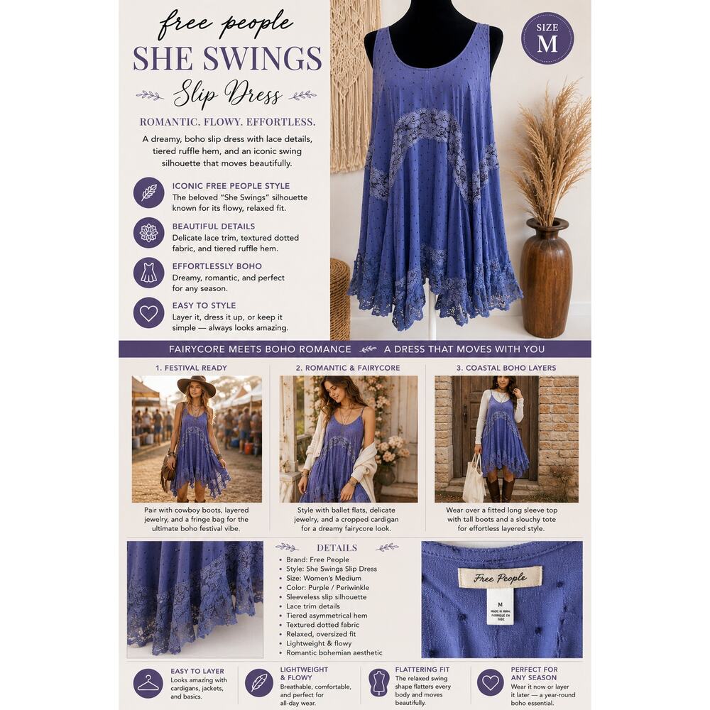 Free People She Swings Slip Dress Womens M Lace Tiered Romantic Ruffle Fairy